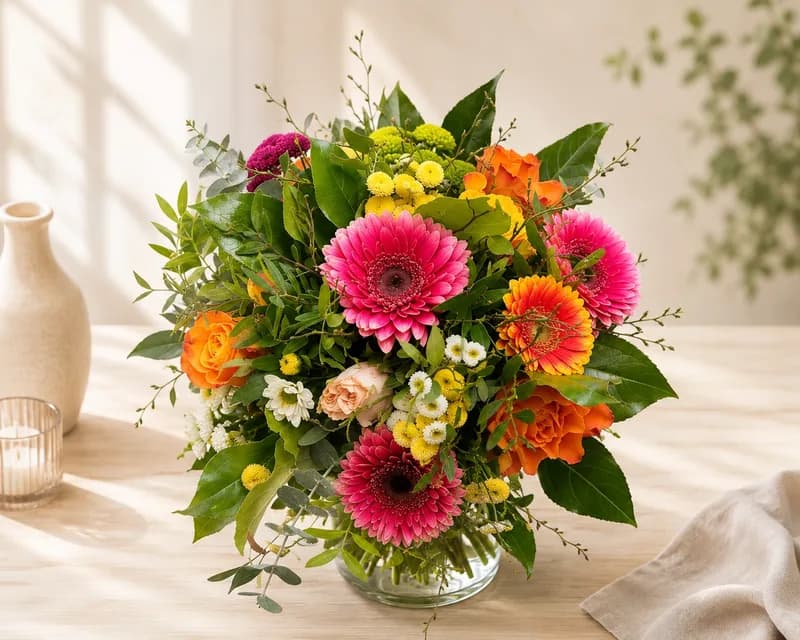 Bunter Strauß mit Gerbera und Rosen in einer Vase auf dem Tisch