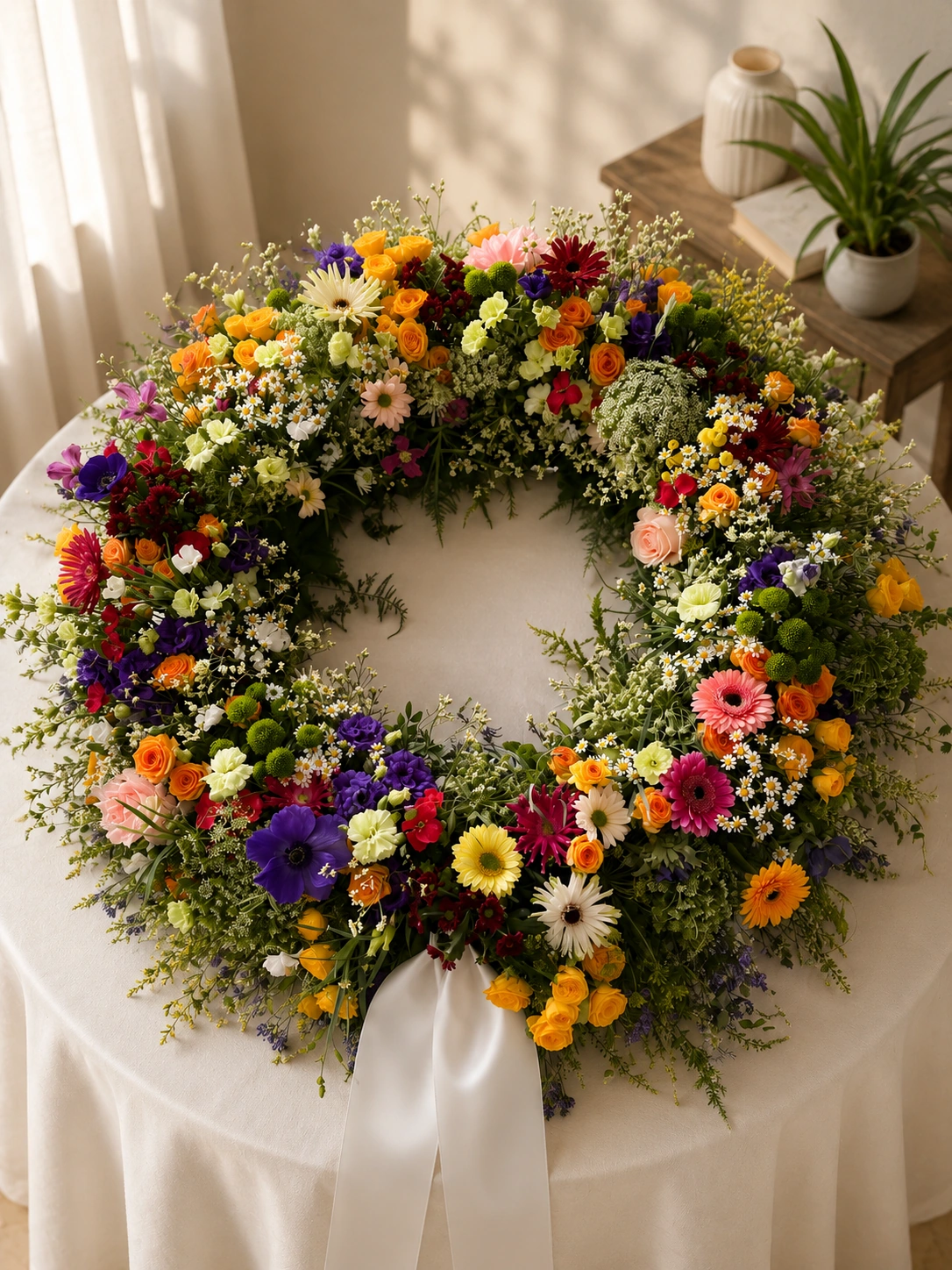 Stehender Trauerkranz mit Ranunkeln und Gerbera in der Trauerhalle. Pusteblume Halle